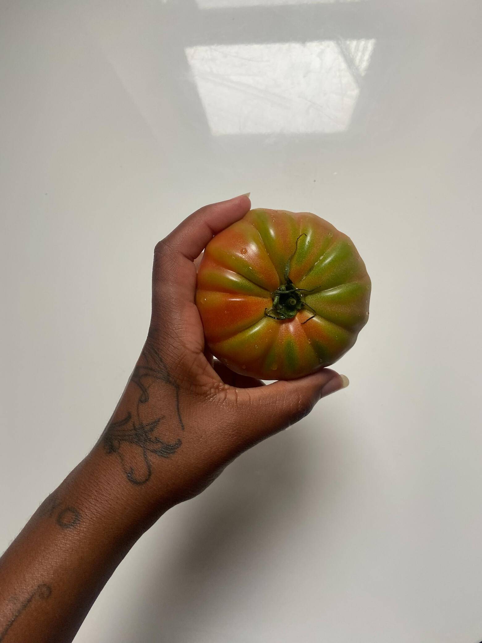 A hand holding a ripe heirloom tomato